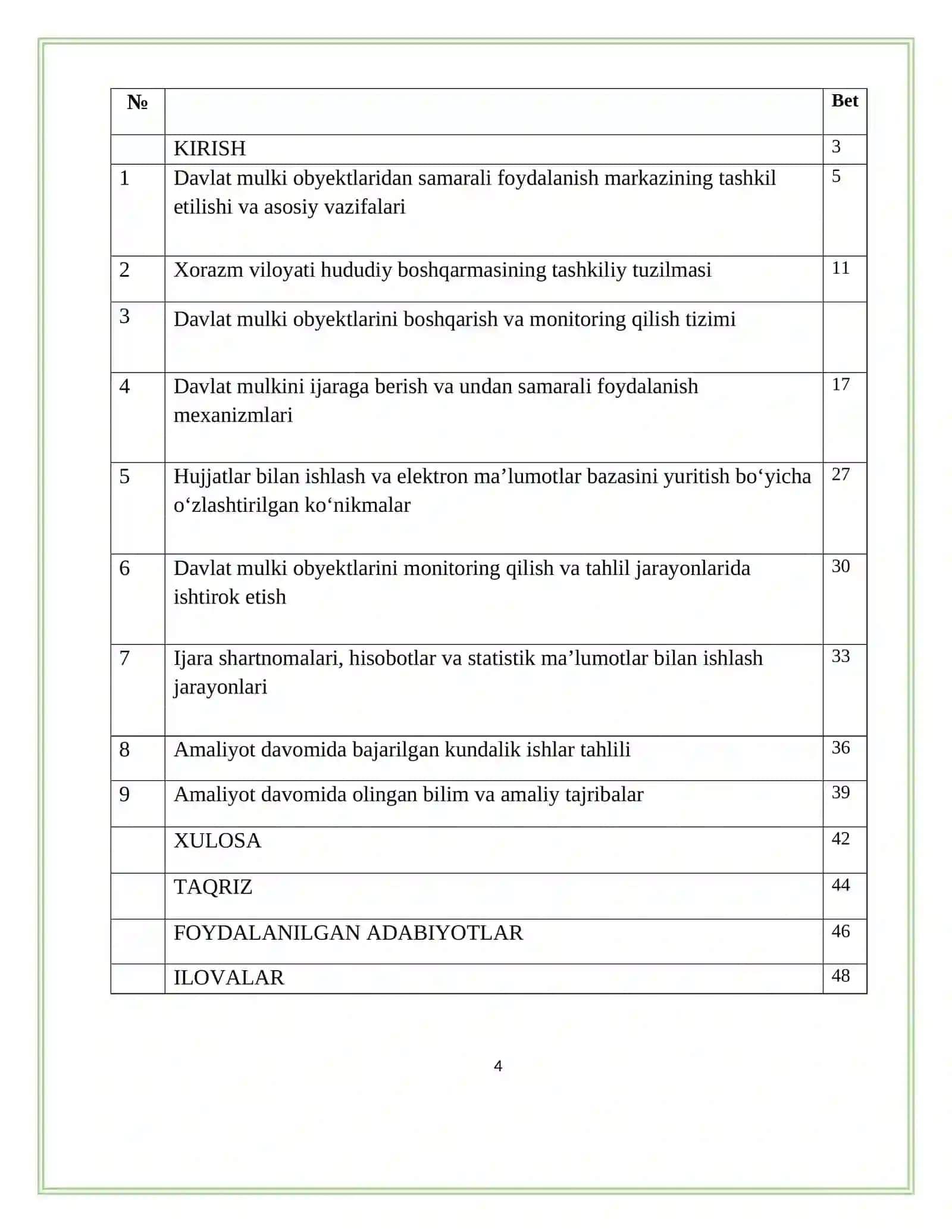 Xorazm viloyati hududiy boshqarmasining tashkiliy tuzilmasi AMALYOT HISOBOTI 4