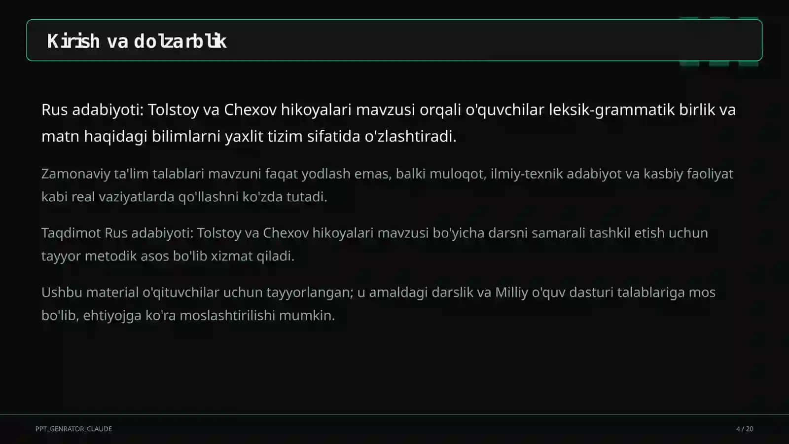 Rus adabiyoti: Tolstoy va Chexov hikoyalari (10-sinf) 4