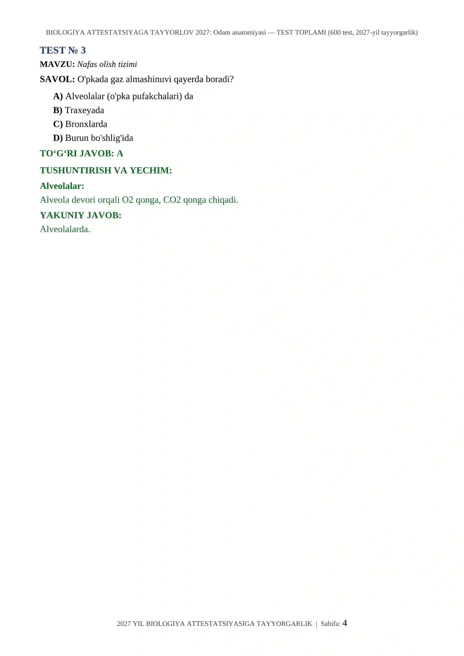 BIOLOGIYA ATTESTATSIYAGA TAYYORLOV 2027: Odam anatomiyasi — TEST TOPLAMI (600 test, 2027-yil tayyorgarlik) 4