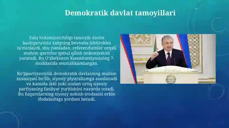 Mavzu: O'zbekiston suverent, demokratik, huquqiy, ijtimoiy va dunyoviy davlat 4