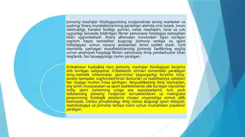 Jismoniy mashqlar fizologiyasi fanning rivojlanish tarixi, sharq  mutafakkirlarini mazkur fanga qo'shgan hissasi, O'zbekiston olimlari fanning rivojlanishga qo'shgan hissasi haqida nazariy ma'lumotlarga ega bo'lishSlaydJismoniy mashqlar fizologiyasi fanning rivojlanish tarixi, sharq  mutafakkirlarini mazkur fanga qo'shgan hissasi, O'zbekiston olimlari fanning rivojlanishga qo'shgan hissasi haqida nazariy ma'lumotlarga ega bo'lish 4