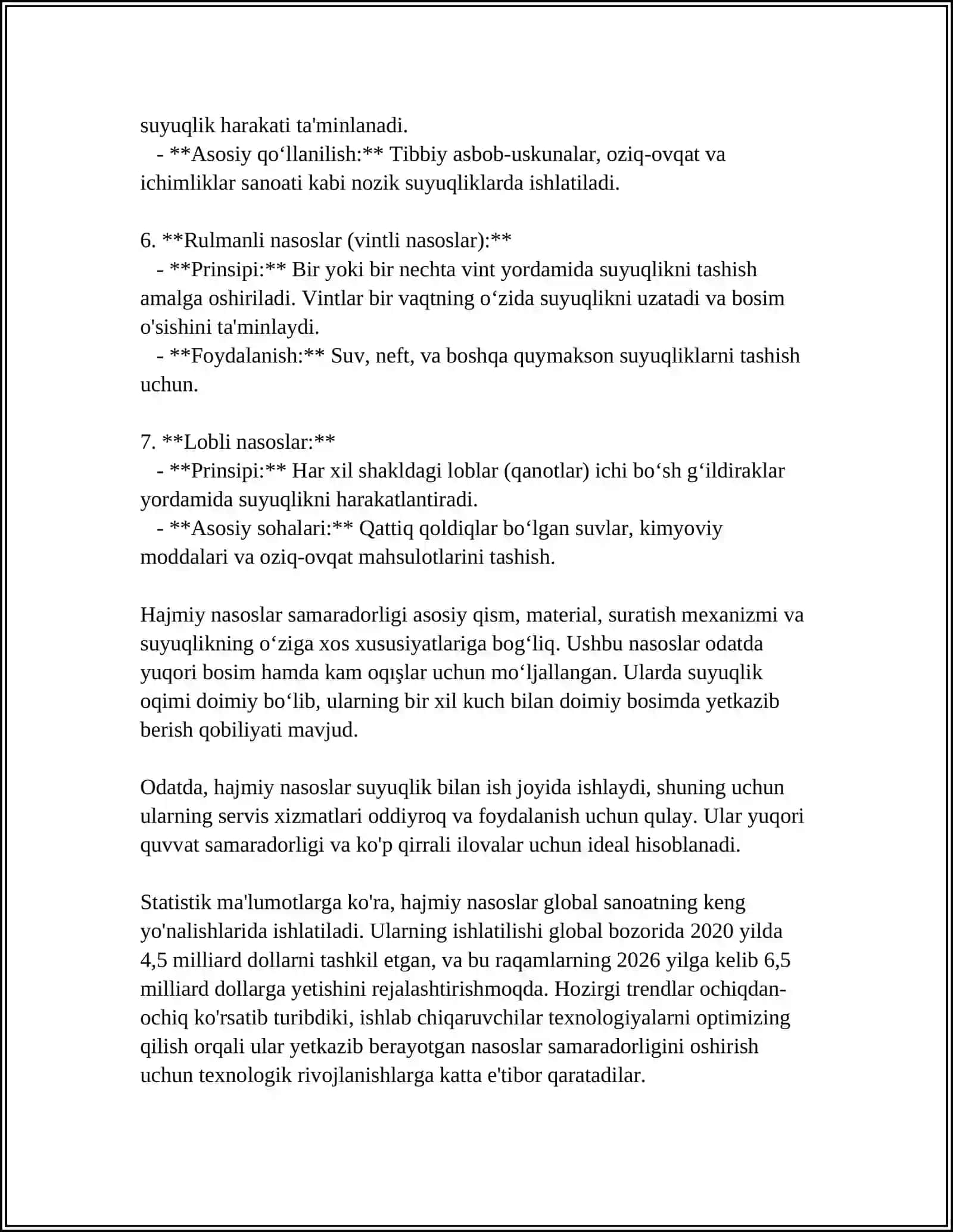 HAJMIY NASOSLARNING TURLARI.NASOSLARNI IQTISODIYOT TARMOQLARDAGI AHAMIYATI 4