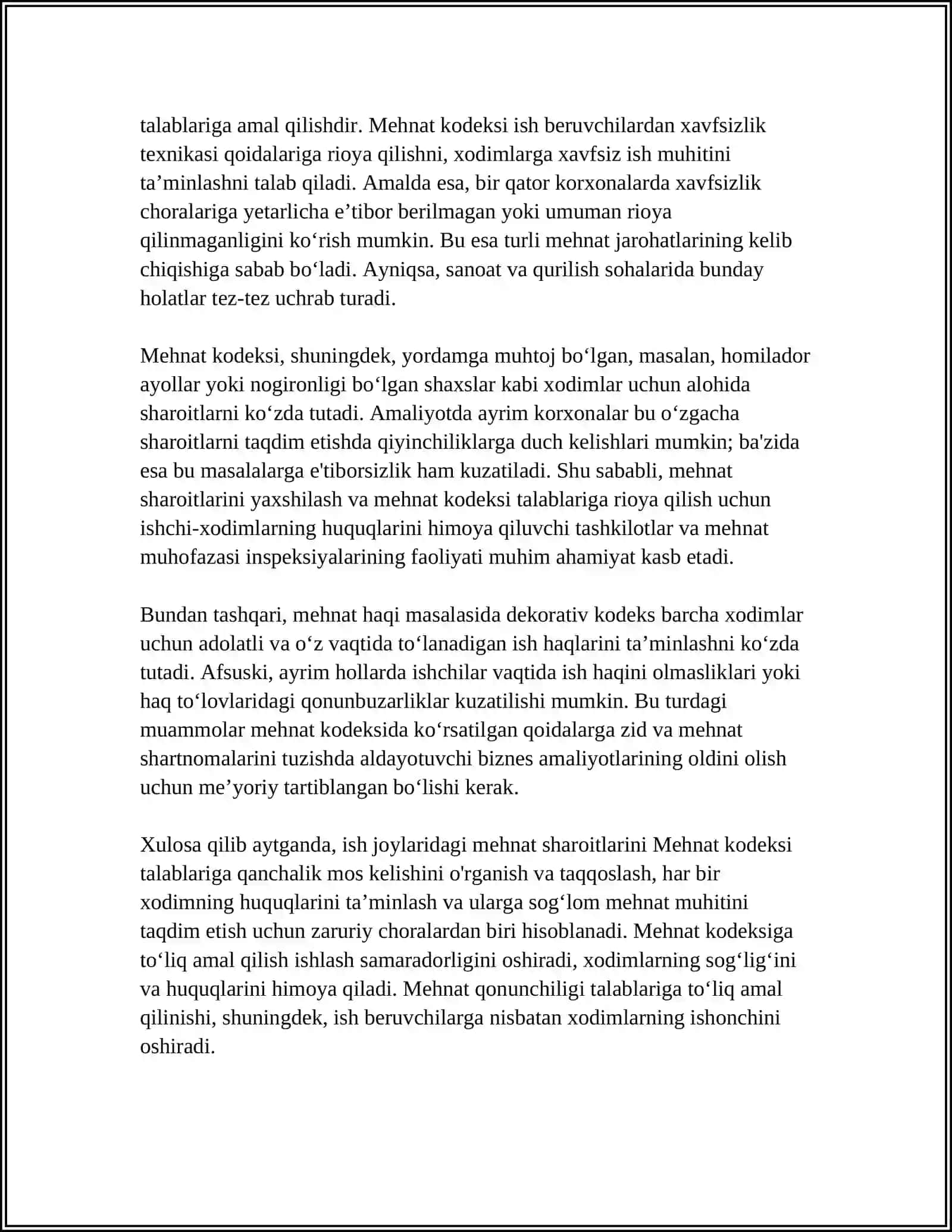 ISH JOYLARIDAGI MEHNAT SHAROTINI MEʼYORIY HUJJATLAR BILAN TAQQOSLASH 4