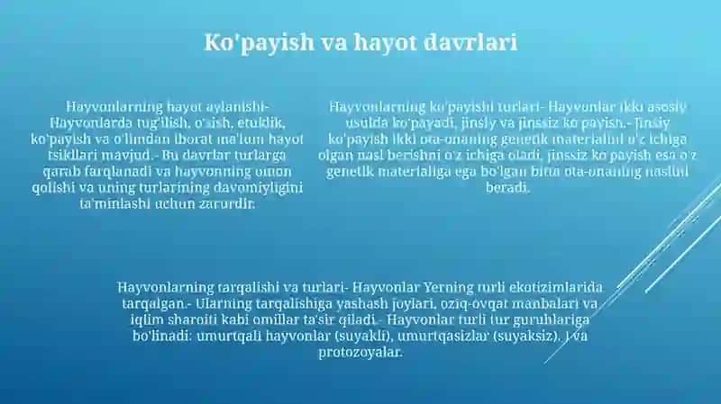 Hayvonot Olamining Yashash Tarzi, KoʻPayishi Va Tarqalishi Va Turlari Haqida Bilimlarni OʻZlashtirish Va Tahlil Qilish 4