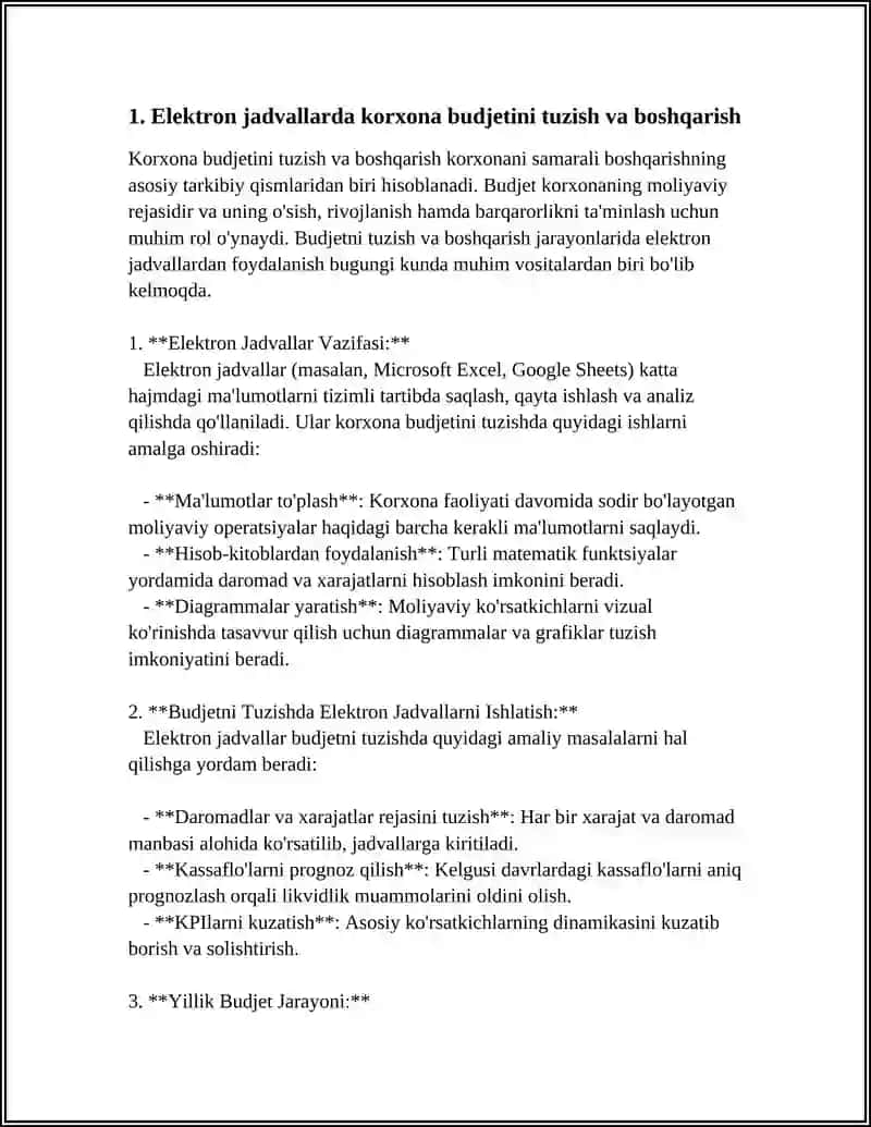 Elektron jadvallarda korxona budjetini tuzish va boshqarish 4