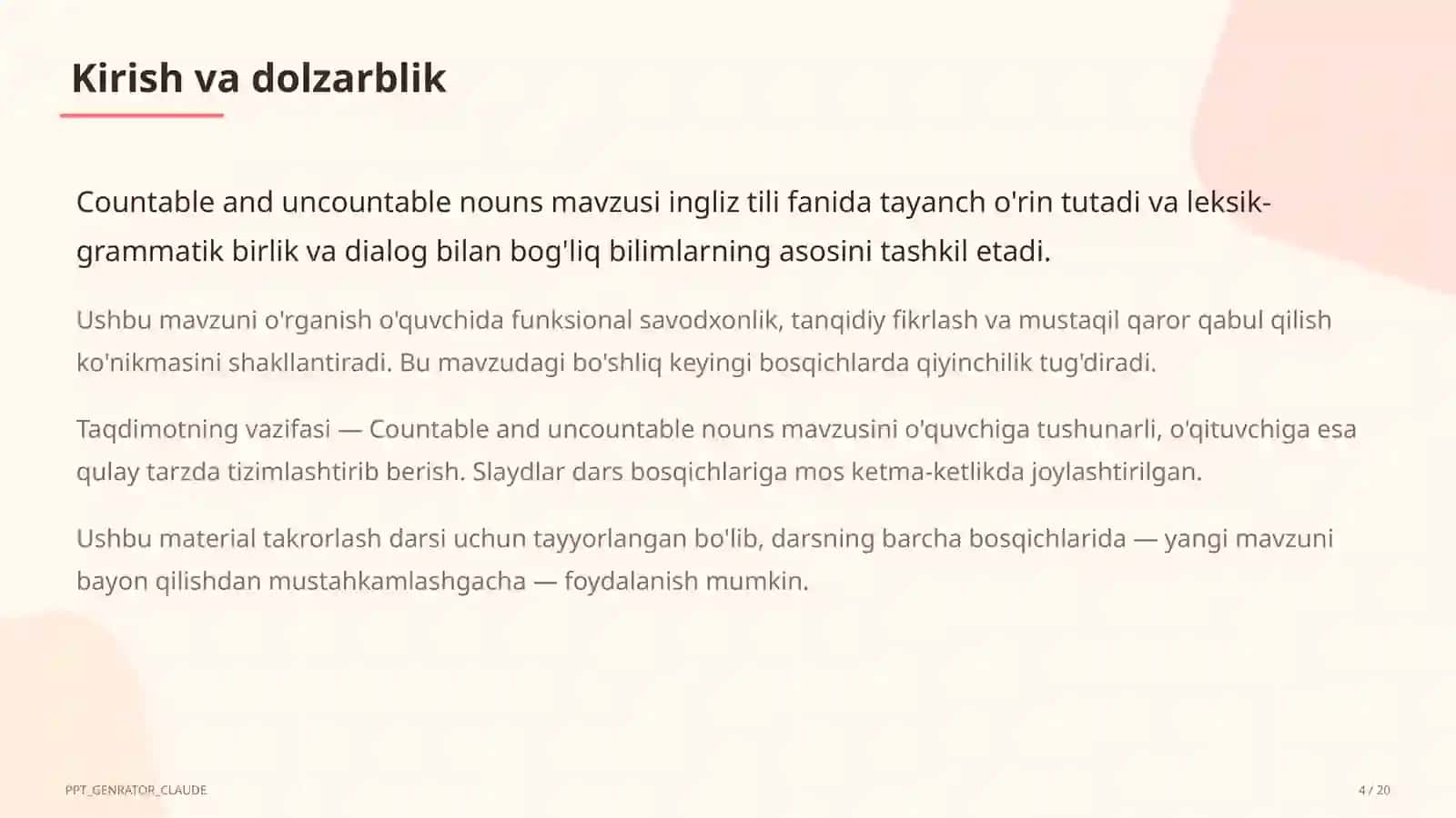 Countable and uncountable nouns (5-sinf) 4