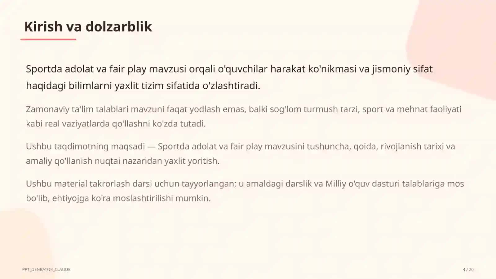 Jismoniy tarbiya (1–11) takrorlash darsi 4