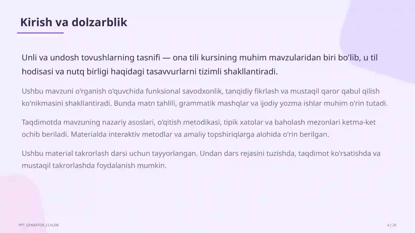 Unli va undosh tovushlarning tasnifi (5-sinf) 4