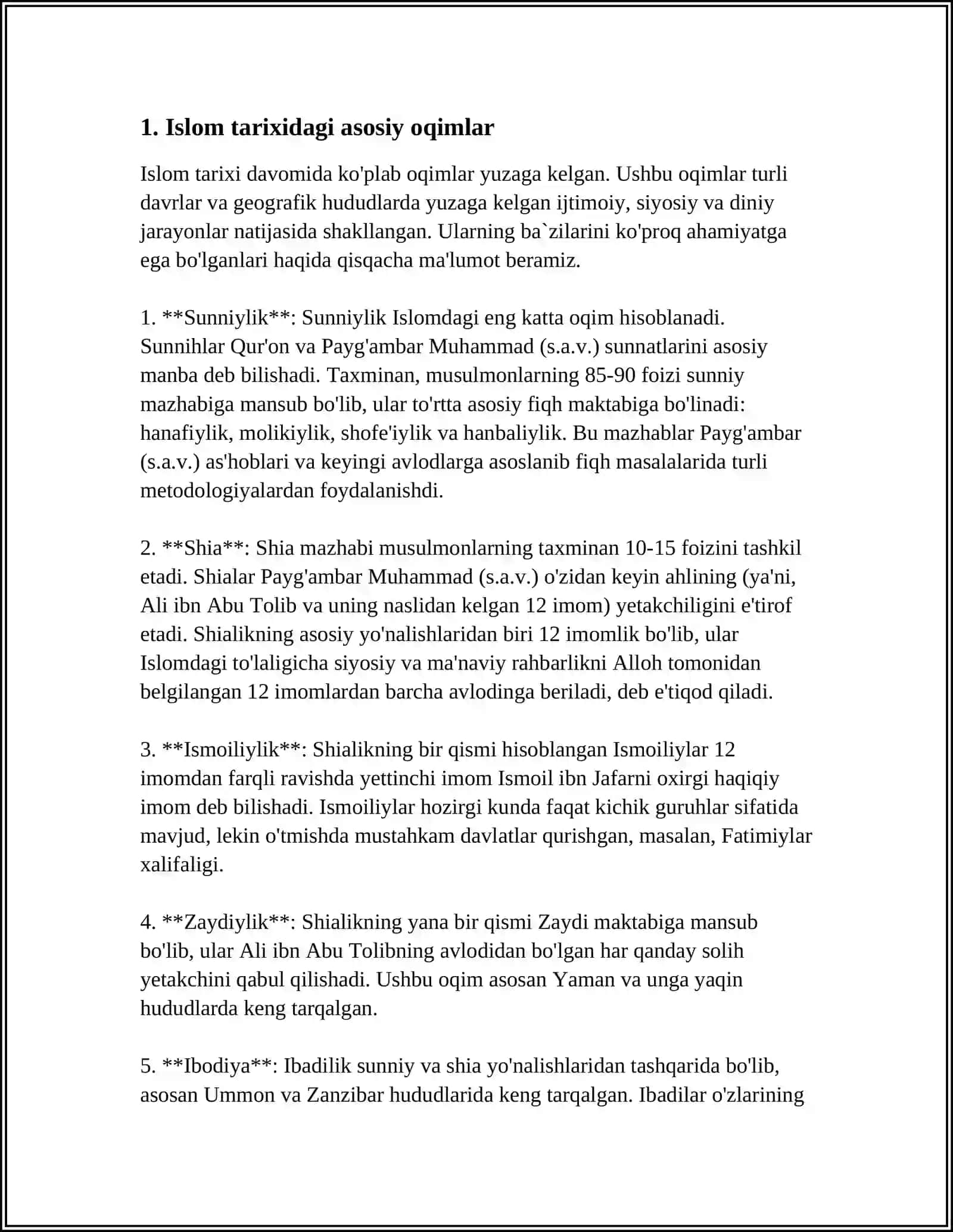 ISLOMNING OQIMLARI VA YOʻNALISHLARINING PAYDO BOʻLISH SABABLARI,EʼTIQODIDAGI BO'LINISHLARINING TAFOVUDLARI VA OQIBATLARI 4
