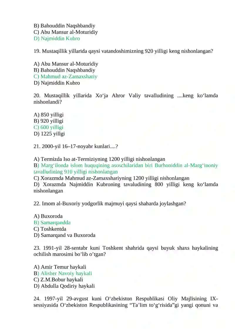 Mustaqillik yillarida O‘zbekistondagi ma’naviy va madaniy taraqqiyot. Test savollari. 4