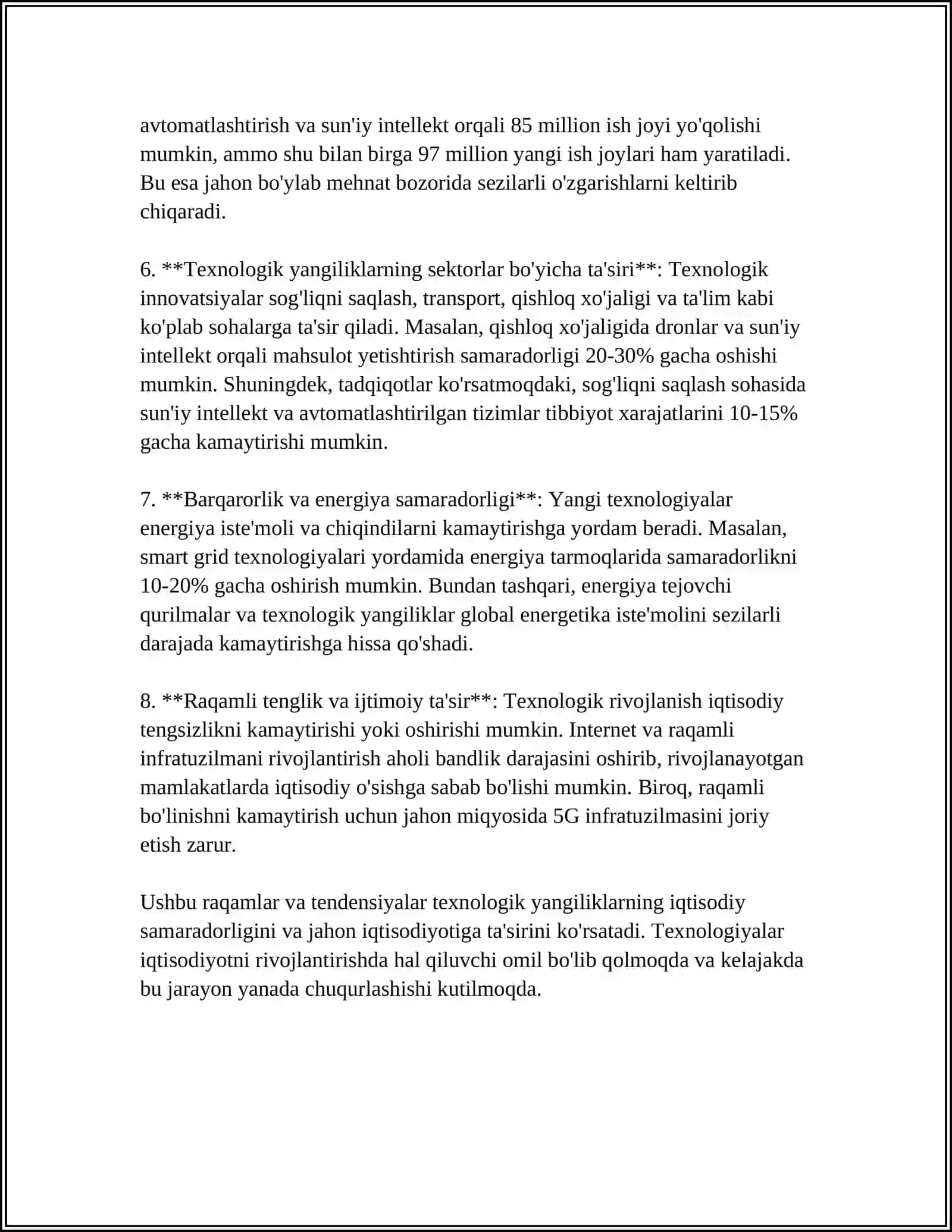 MUSTAQIL ISH Mavzu: TEJAMKOR TEXNALOGIYALARNING IQTISODIY SAMARADORLIGI 4