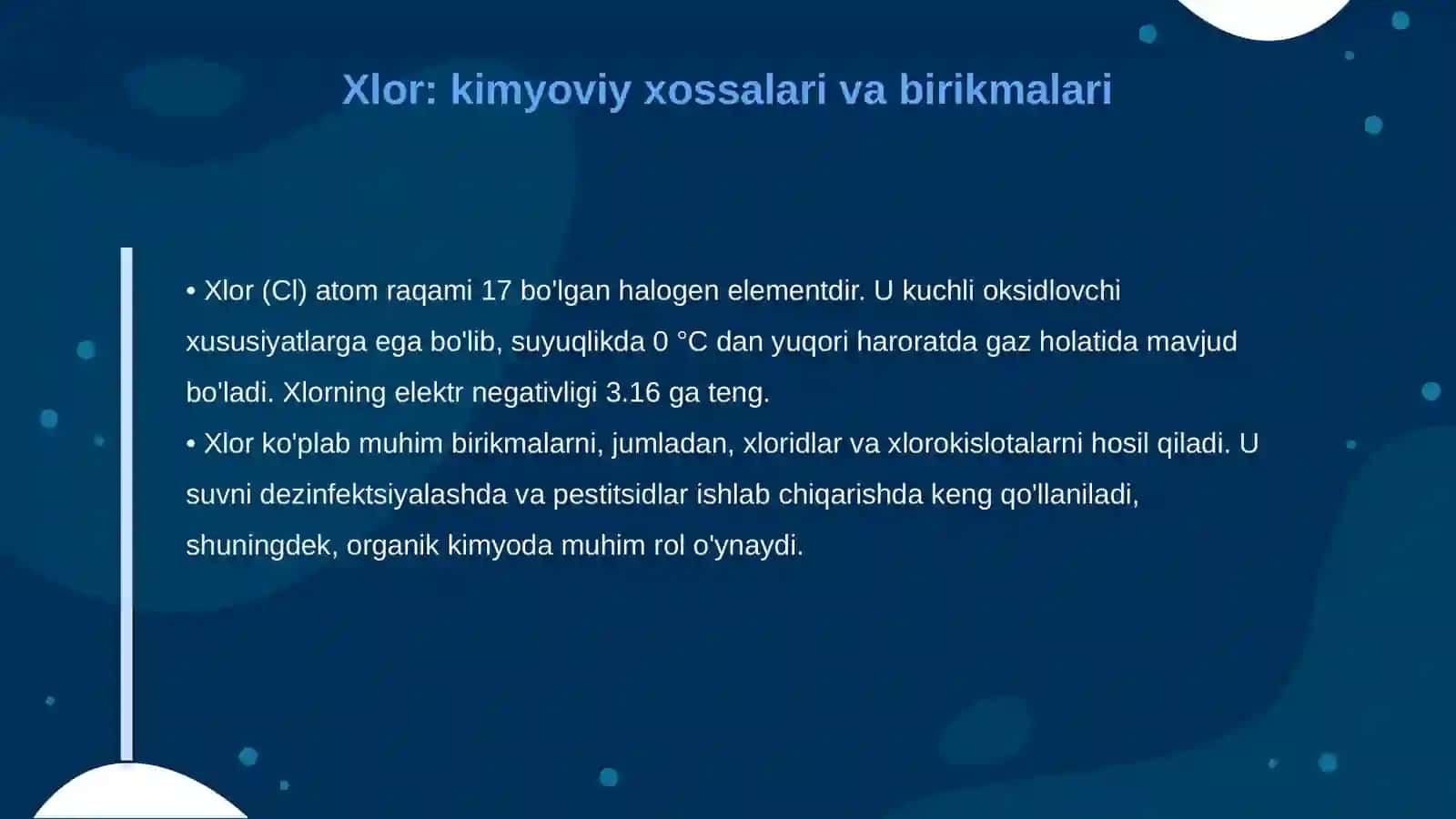 Ftor, xlor, brom, yod, astat va tennessin. Ularning birikmalari va xossalari 4