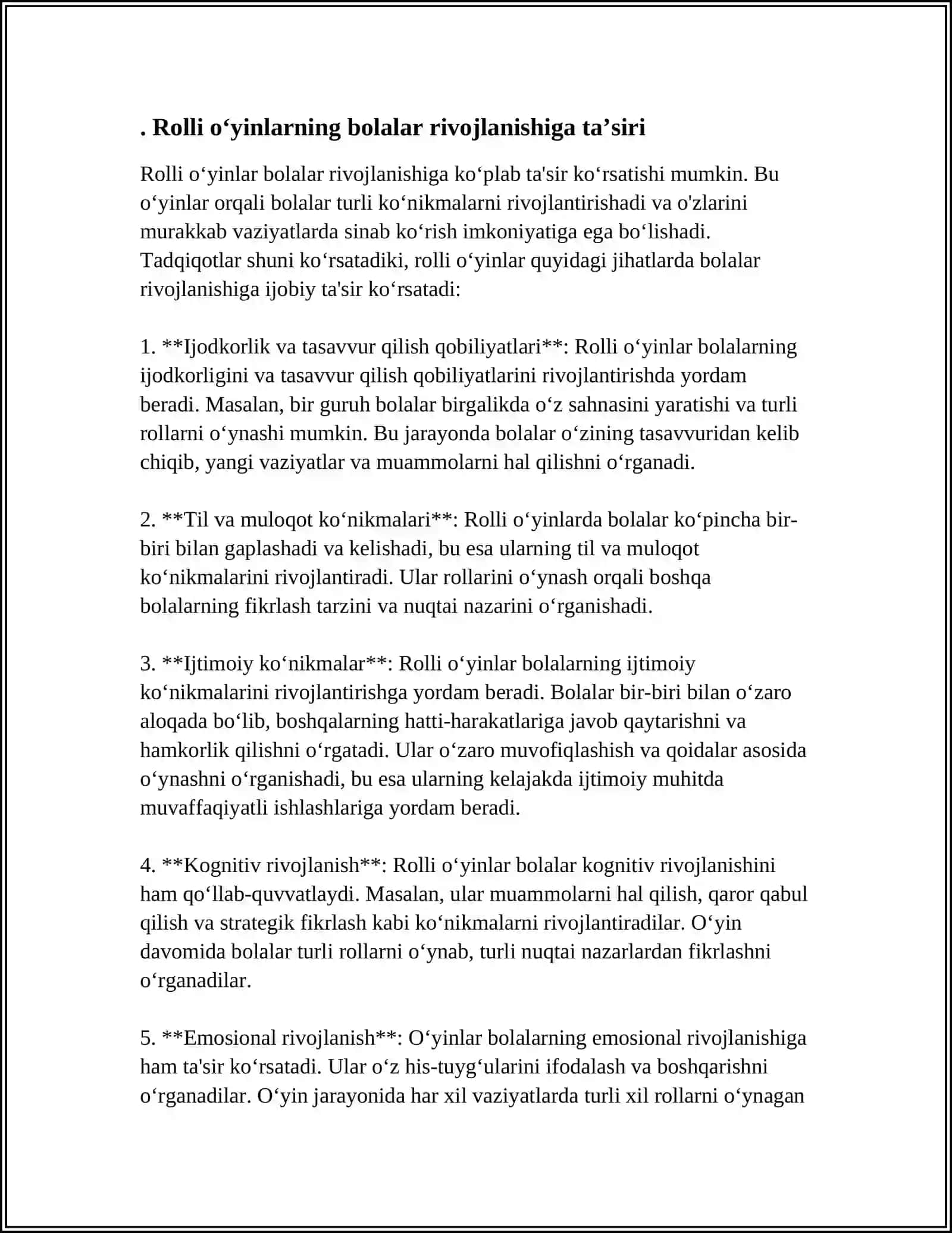 MAKTABGACHA YOSHDAGI BOLALARNING RIVOJLANISHI UCHUN MAVZUNI RIVOJLANTIRUVCHI ROLLI O'YINLAR VA DRAMATIZATSIYA MUHITNI YARATISH 4