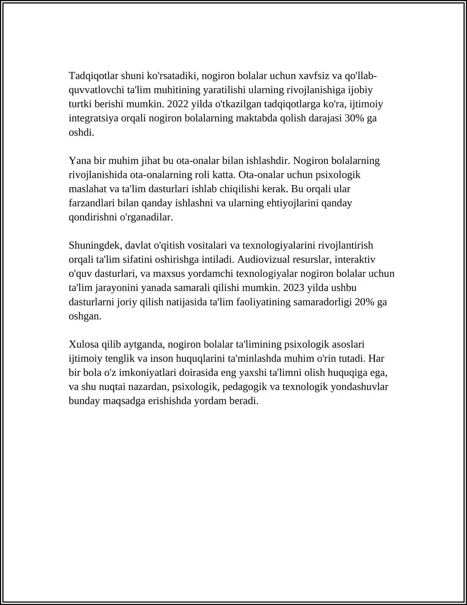 NOGIRON BOLALAR UCHUN INKLYUZIV TA'LIM VA IJTIMOIYLASHUVNING PSIXOLOGIK JIHATLARI (MAXSUS TA'LIM EHTIYOJLARI) 4