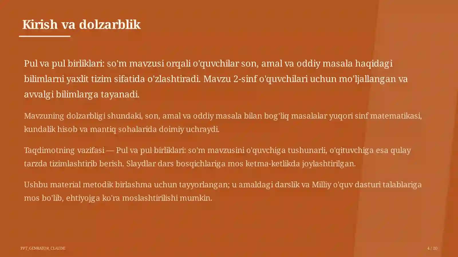 Pul va pul birliklari: so'm (2-sinf) 4