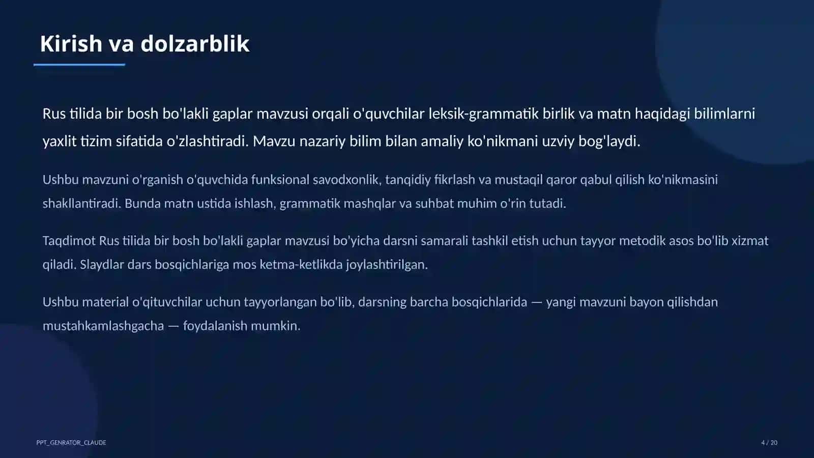 Rus tilida bir bosh bo'lakli gaplar (8-sinf) 4