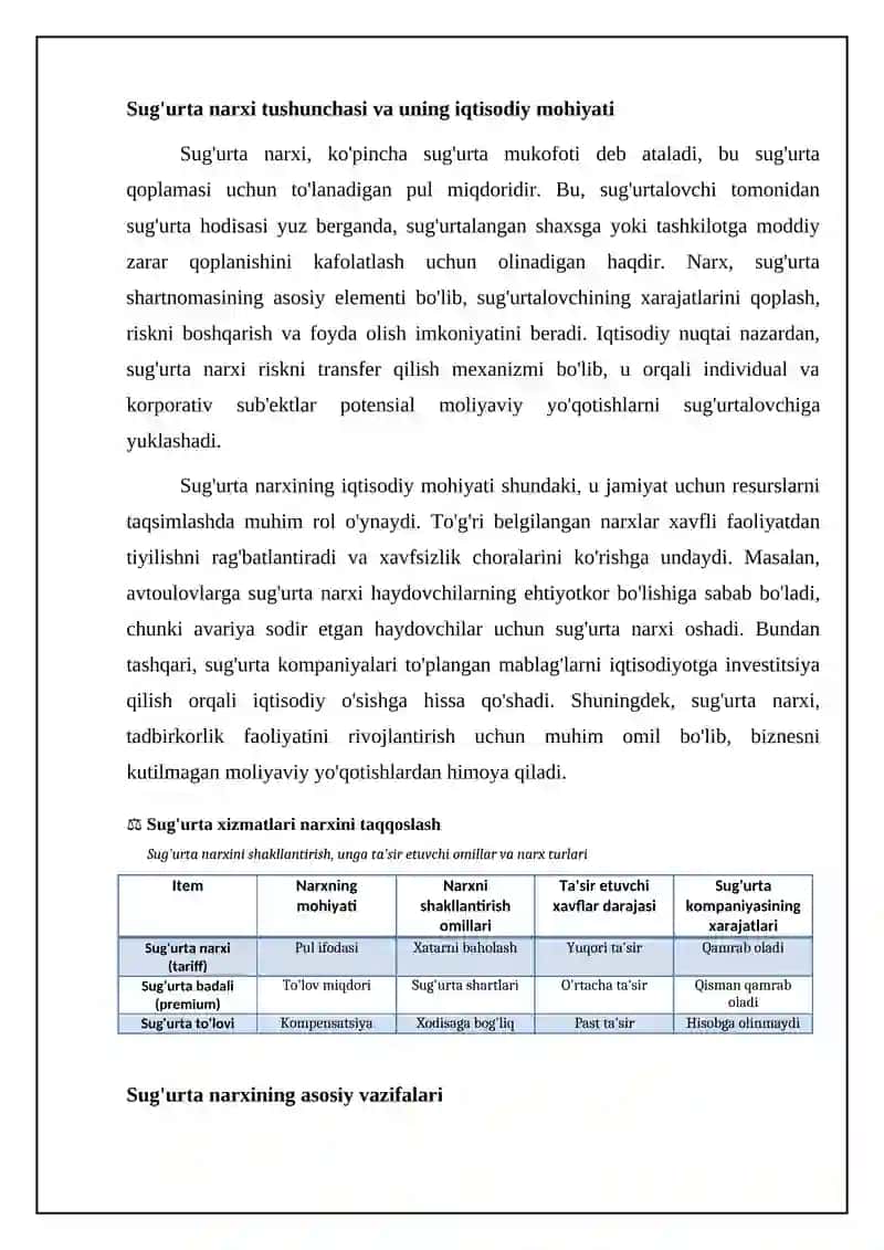 Sug'urta Xizmatlarining Narxi, Shakllanishi va Tasiri 4