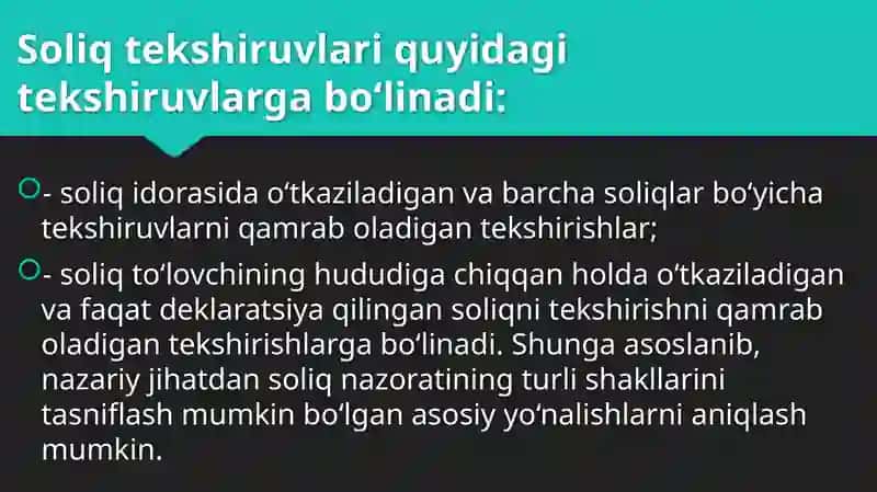 Sayyor soliq tekshiruvida Soliq solish ob‘ektlari va soliq solish 4
