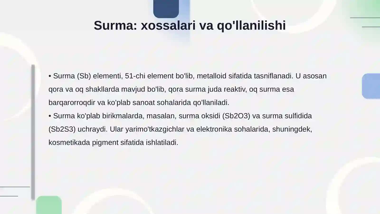Fosfor, surma va vismut. Ularning birikmalari va xossalari 4