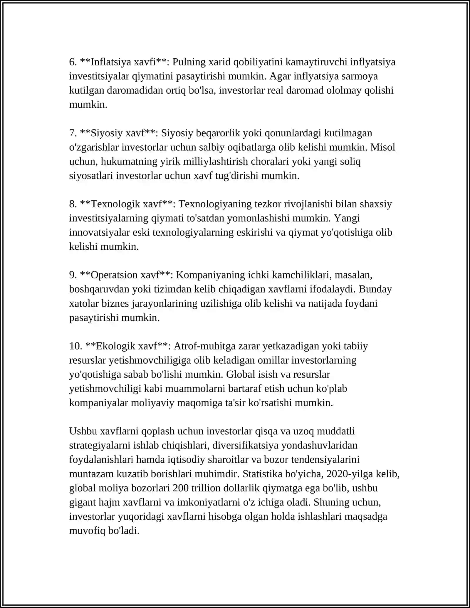 INVESTORNING RISKKA BO’LGAN MUNOSABATI 4