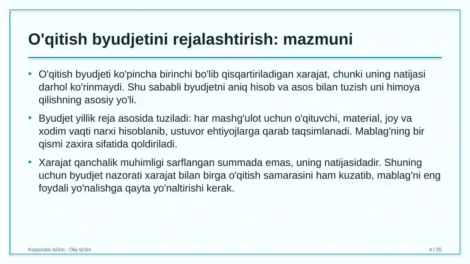 Yilqichilikda o'qitish byudjetini rejalashtirish 4