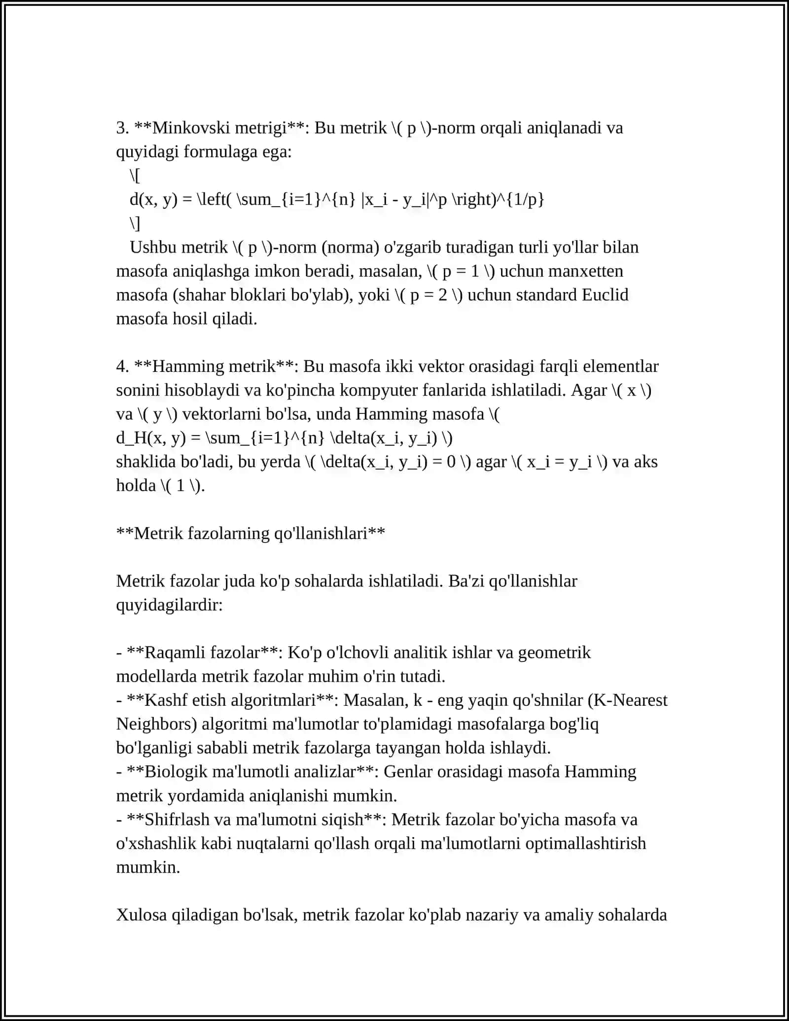 MUSTAQIL ISH Mavzu: “METRIK FAZODA KETMA-KETLIKLAR VA ULARNING LIMITI”, “KARRALI QATORLAR VA ULARNING YAQINLASHISHI TUSHUNCHASI” 4