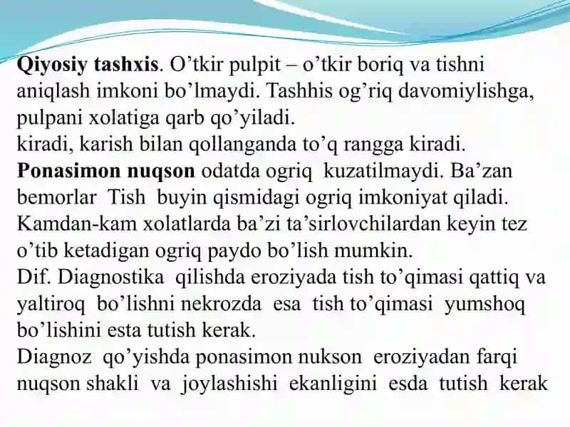 Tish chiqqandan keyin paydo bo’ladigan nokariyes kasalliklar. Giperesteziya, patologik yemirilish. Tasnifi, klinikasi, tashxislash va qiyosiy tashxislash. 4
