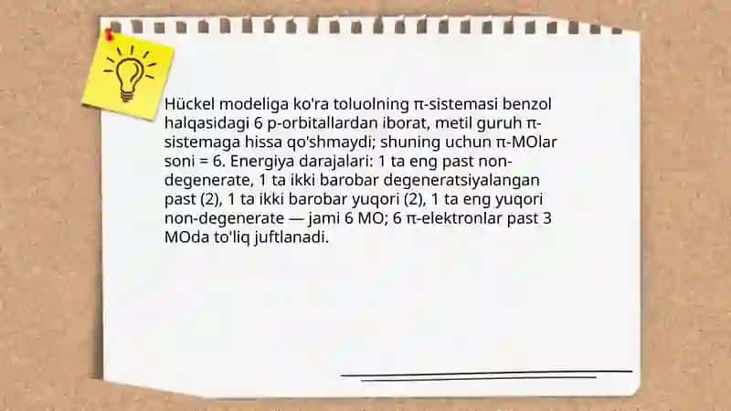 Toluol molekulasi uchun yarim empirik nuqtai nazardan MO-lar sonini aniqlash 4