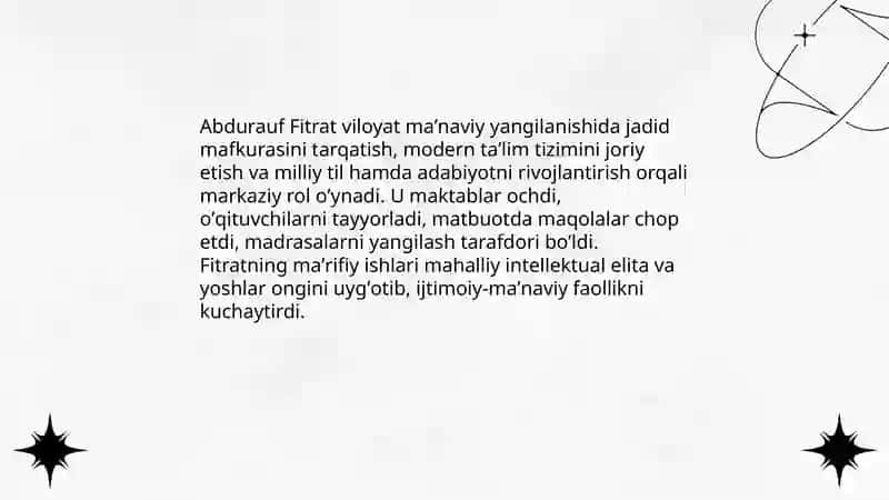 Jadid ma'rifat parvarlarining oʻlka ijtimoiy maʼnaviy hayotida tutgan oʻrni (Munavvar Qori Fitrat Behbudiy Avloniy va boshqalar) 4