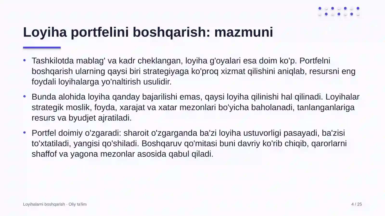 Loyihalarni boshqarish · Oliy ta'lim 4