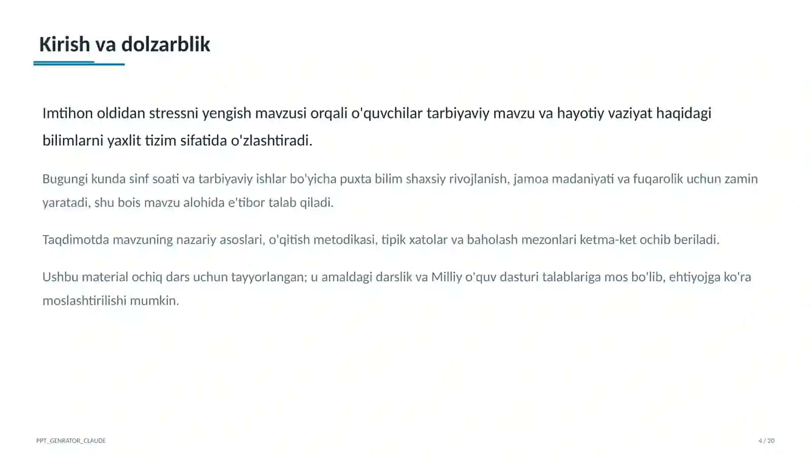 Sinf soati va tarbiyaviy tadbirlar (1–11) — ochiq dars uchun 4