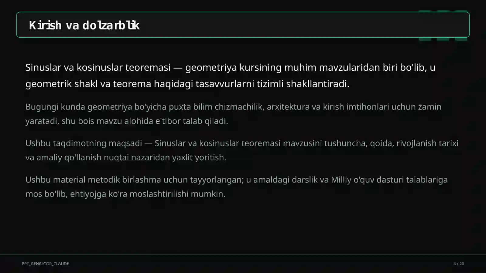 Sinuslar va kosinuslar teoremasi (9-sinf) 4