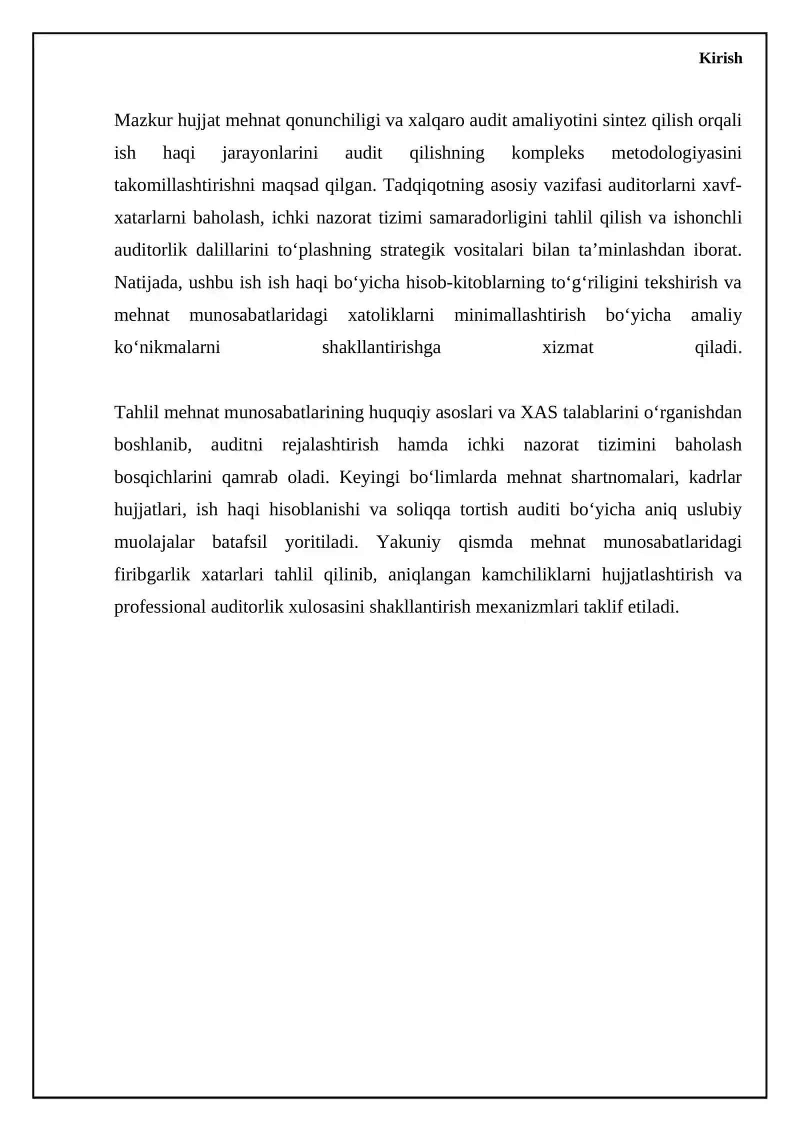 Mehnat haqi hisobi va toʻlash jarayoni auditi: mehnat qonunchiligi va xalqaro audit standartlari 4
