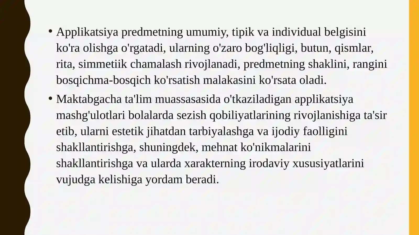 Applikatsiya–amaliysan’atturisifatida.MTTdaapplikatsiyaturlari.Kichik, o‘rta, katta, maktabga tayyorlov guruhlarida bolalarni applikatsiyaga o‘rgatish metodlari 4