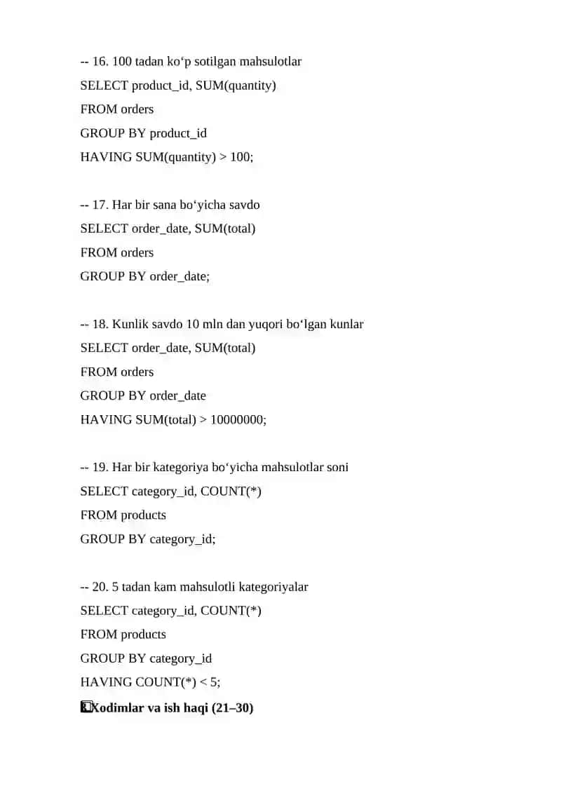 GROUP BY VA HAVING OPERATORLARI – 50 TA MISOL 4