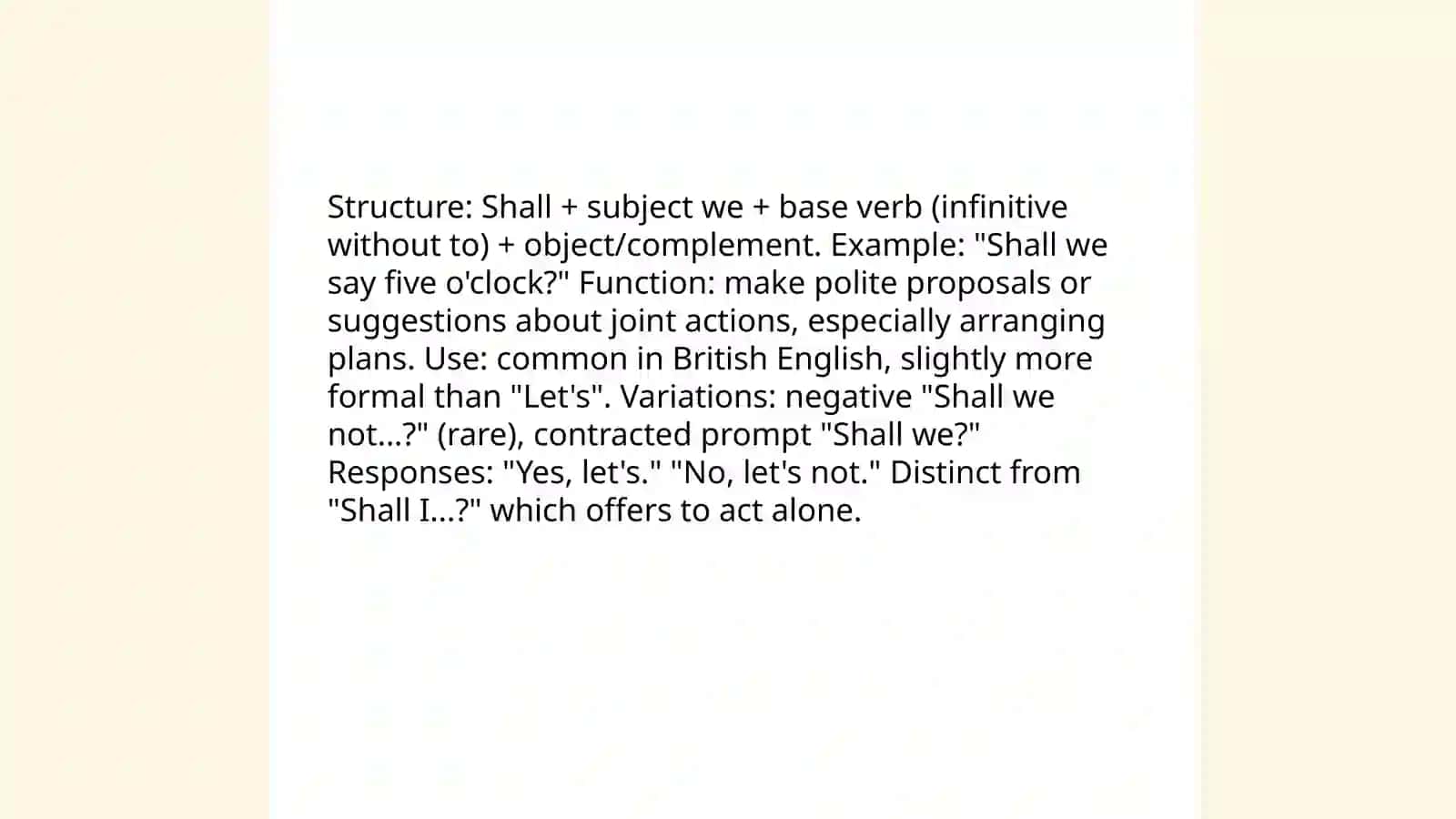 Meaning and function of "Shall we say five o'clock?" 4