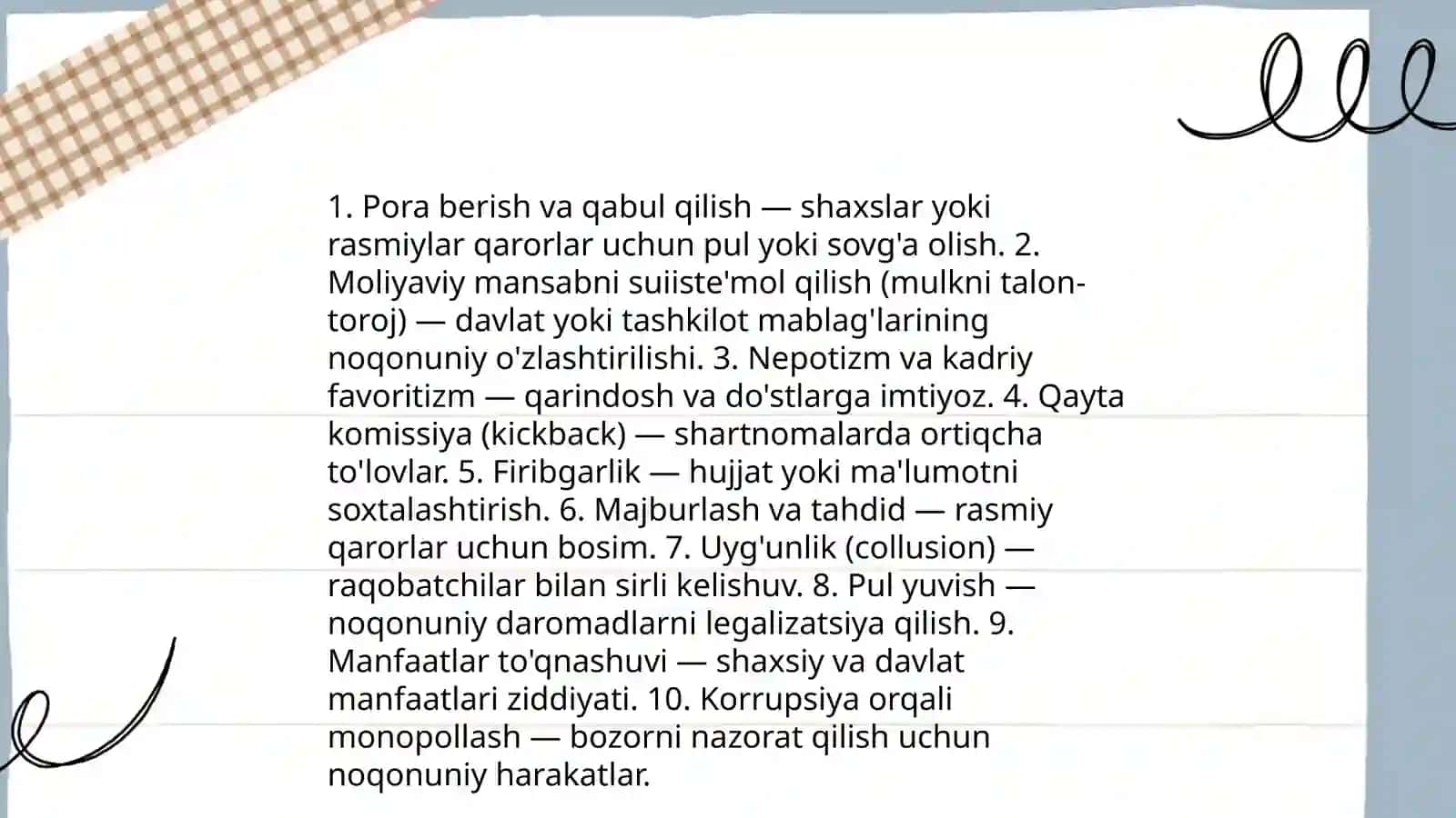 Korrupsiyaning mohiyati va uning oqibatlari Viktorina 4