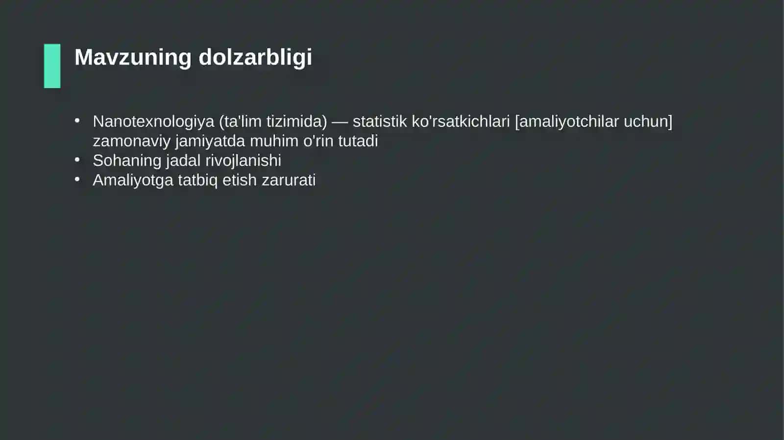Nanotexnologiya (ta'lim tizimida) — statistik ko'rsatkichlari [amaliyotchilar uchun] 4