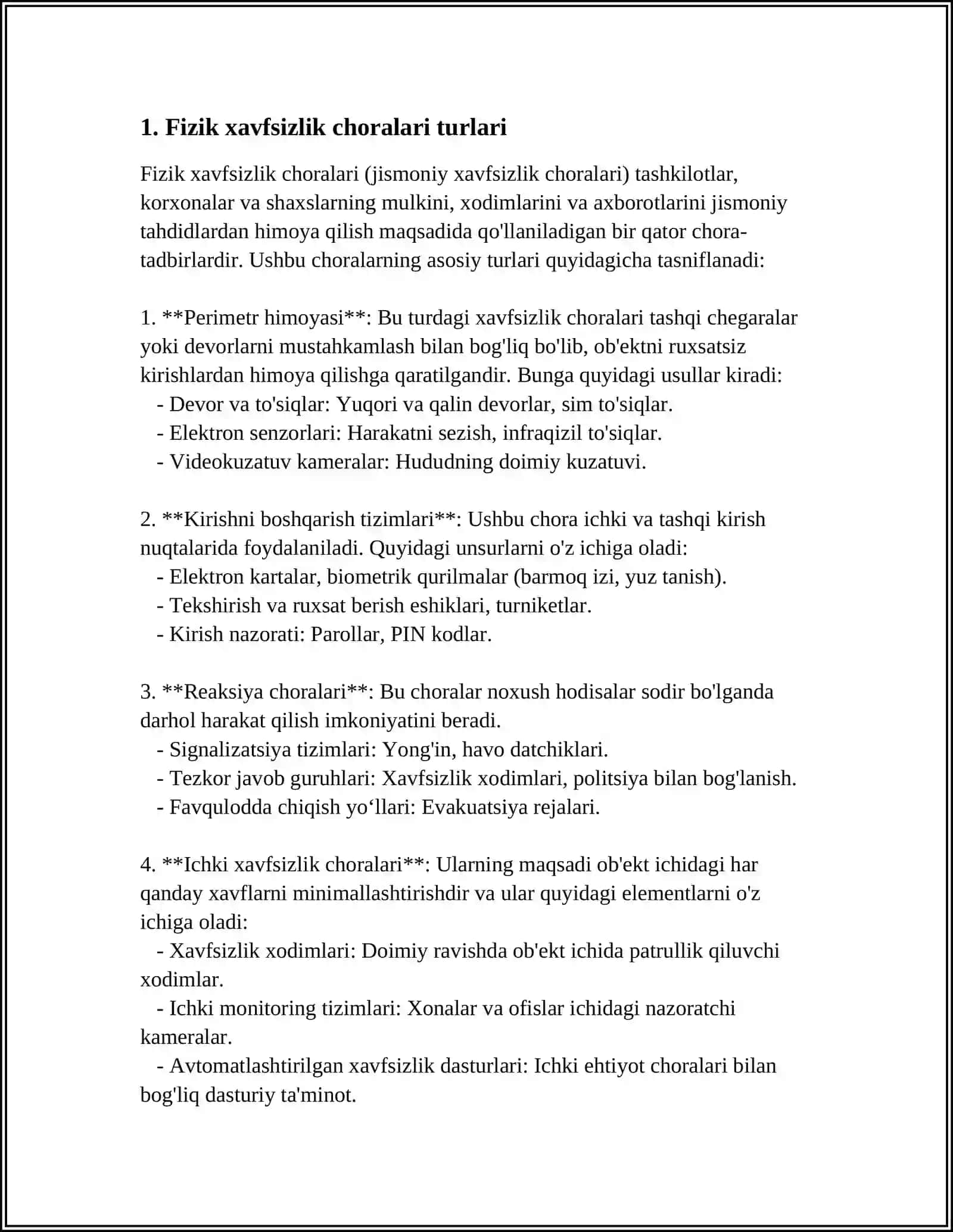 FIZIK XAVFSIZLIK CHORALARI: KUZATUV KAMERASI, SIGNALIZATSIYA, QUVVAT TA’MINOTI HAQIDA MURAKKAB REJALI MUSTAQIL ISH 4