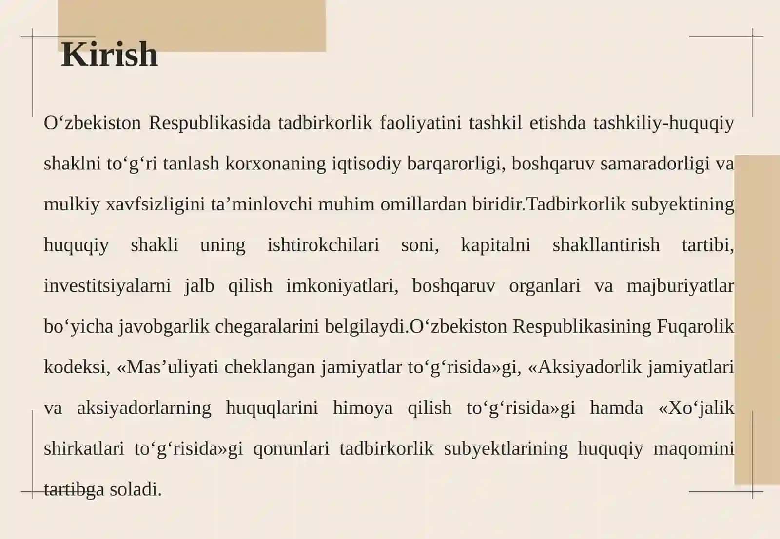 Tadbirkorlik faoliyati uchun tashkiliy-huquqiy shakl tanlash: ishtirokchilar soni, sarmoya jalb qilish va mulkiy xatarlar asosi dayechim ishlab chiqish 4