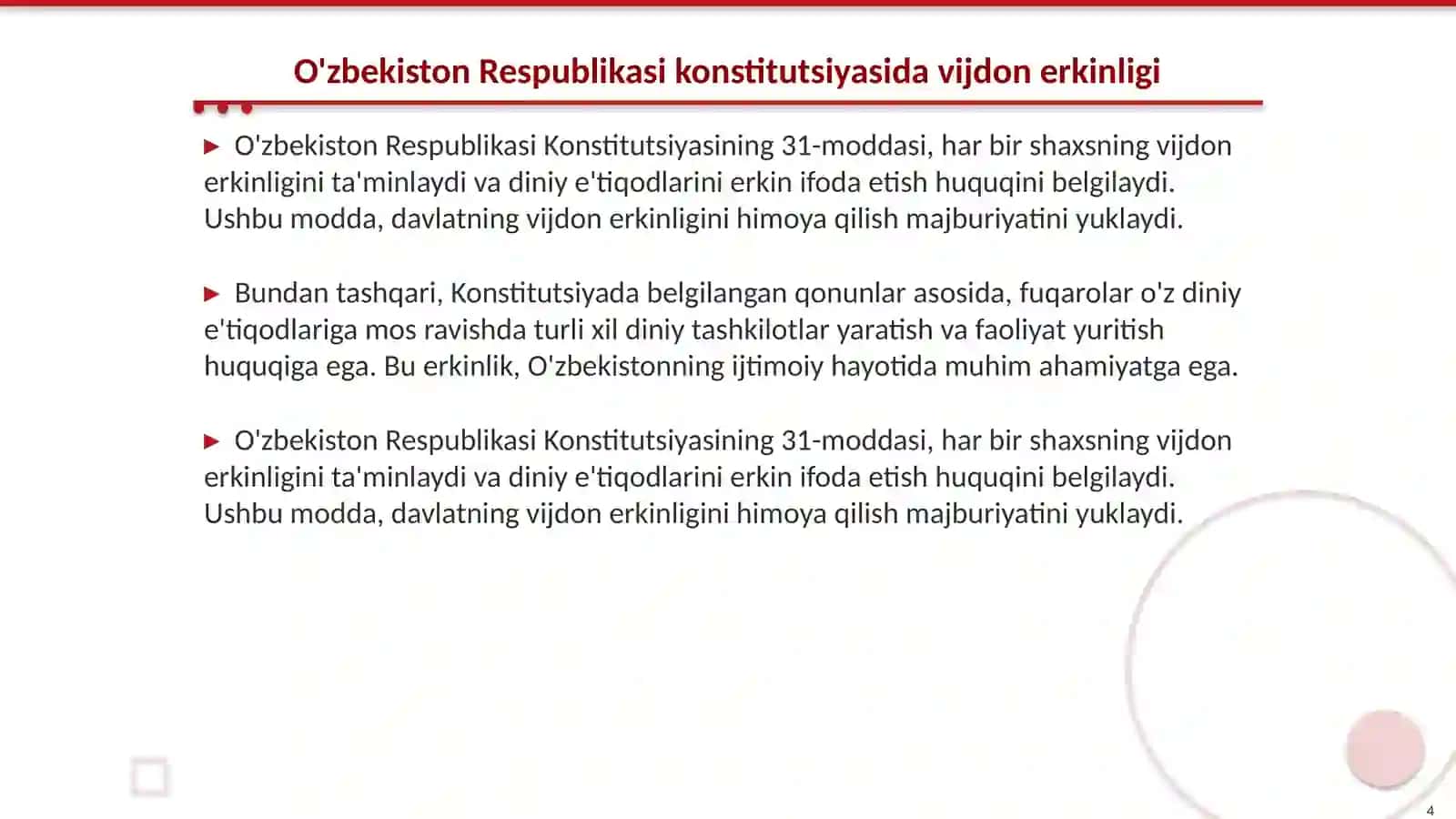 Mustaqil O'zbekistonda Vijdon erkinligining konstitutsion kafolatlanish 4