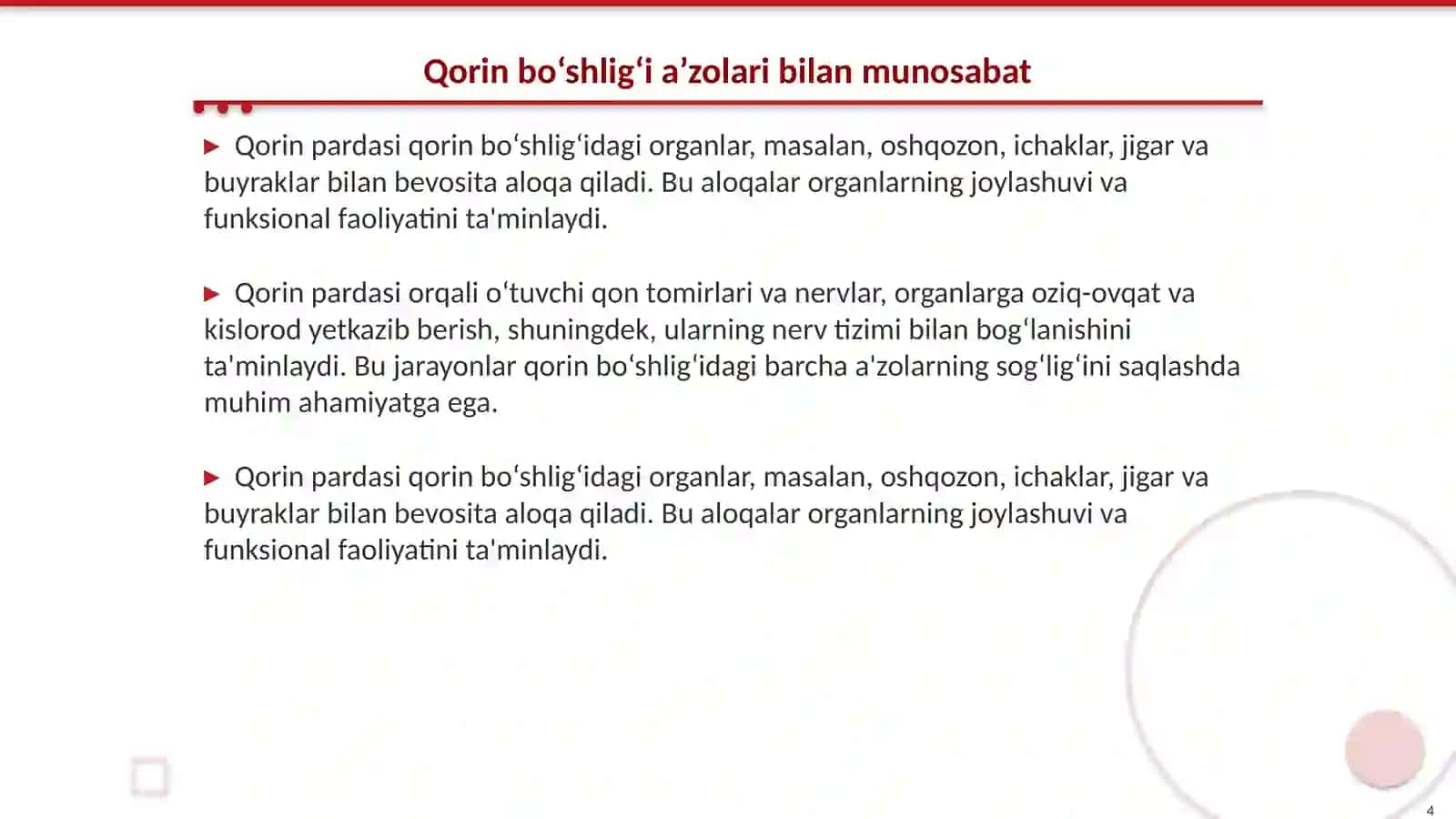 Qorin pardaning tuzilishi va uning qorin bo‘shlig‘i a’zolarigamunosabati. Sinuslar, xaltalar, cho‘ntaklar, ularning jarrohlikamaliyotidagi ahamiyati 4