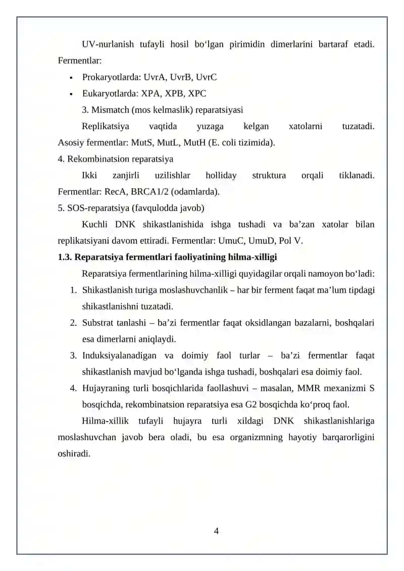 Reparatsiya fermentlari faoliyatining hilma-xilligi, noallelik genlarning o‘zaro ta’siri 4