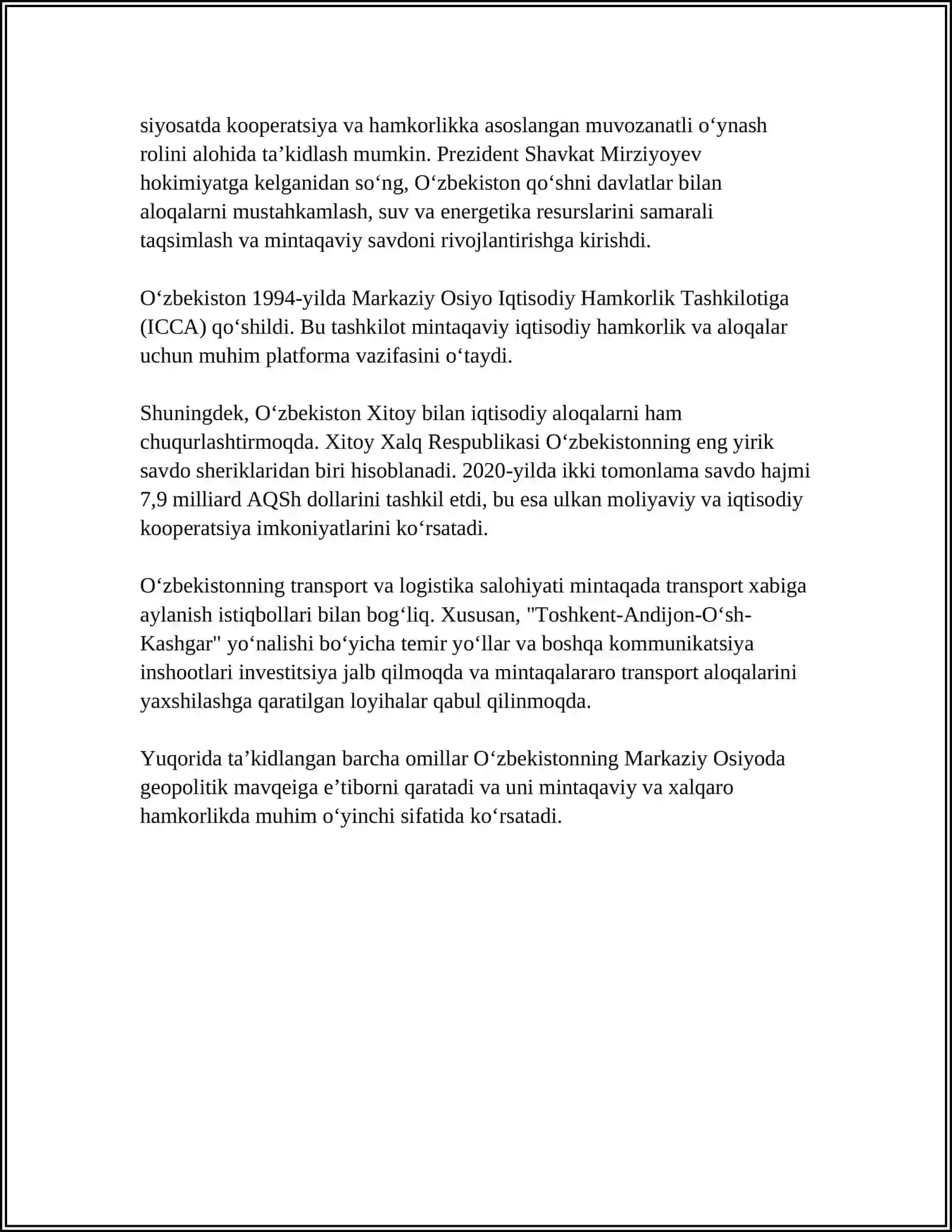 OʻZBEKISTONNING MARKAZIY OSIYODA TINCHLIK VA BARQARORLIKNI TAMINLASHDAGI OʻRNI 4
