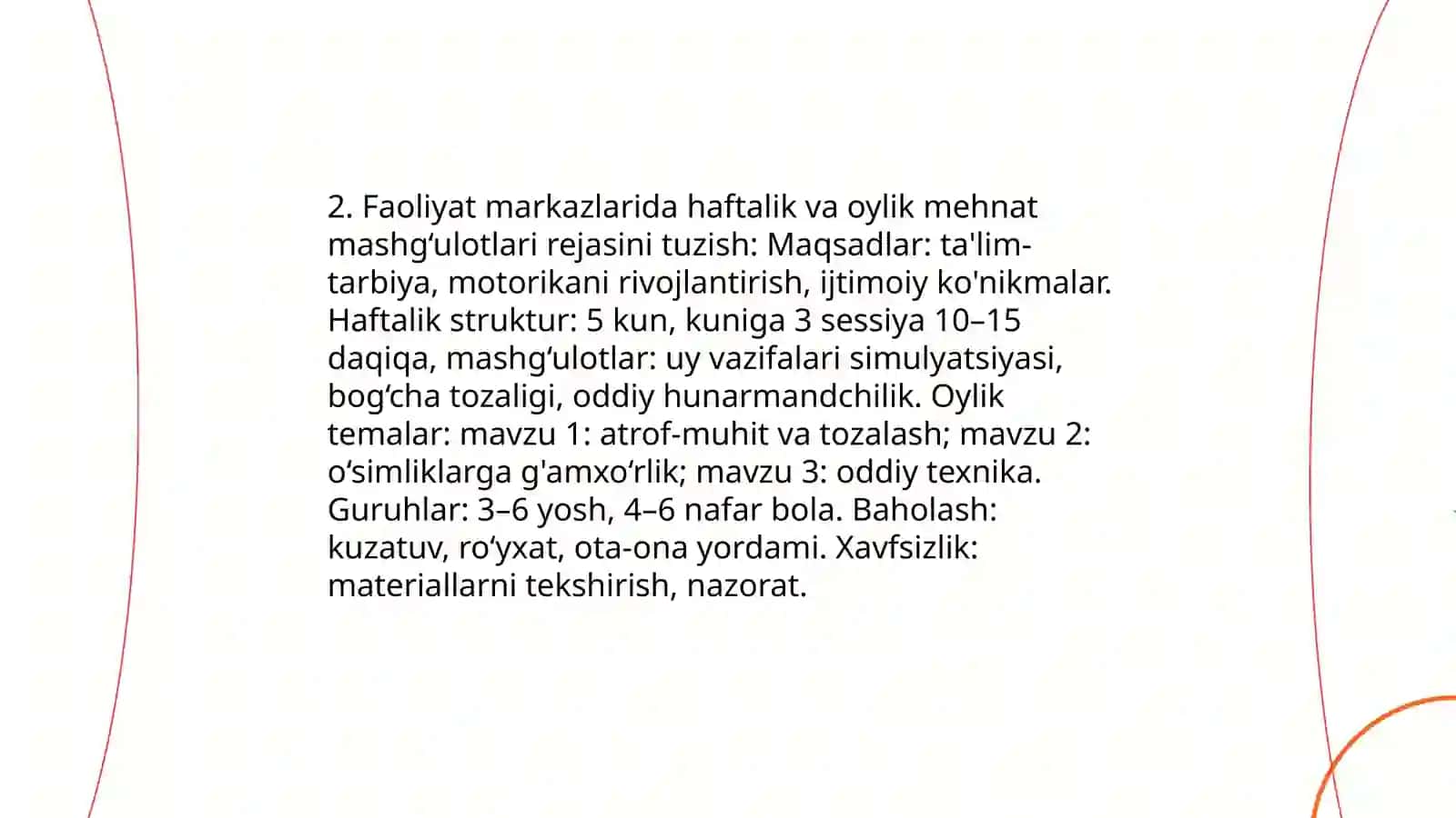 Ilk qadam davlat o‘quv dasturi asosida faoliyat markazlarida maktabgacha yoshdagi bolalar mehnatini tashkil qilish 4