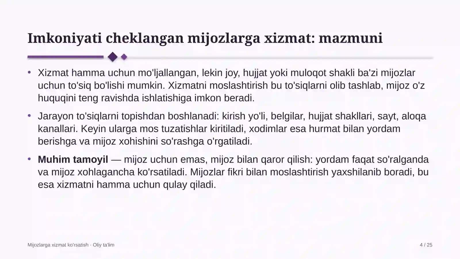 o'quv markazlarida imkoniyati cheklangan mijozlarga xizmat ko'rsatish 9107 4