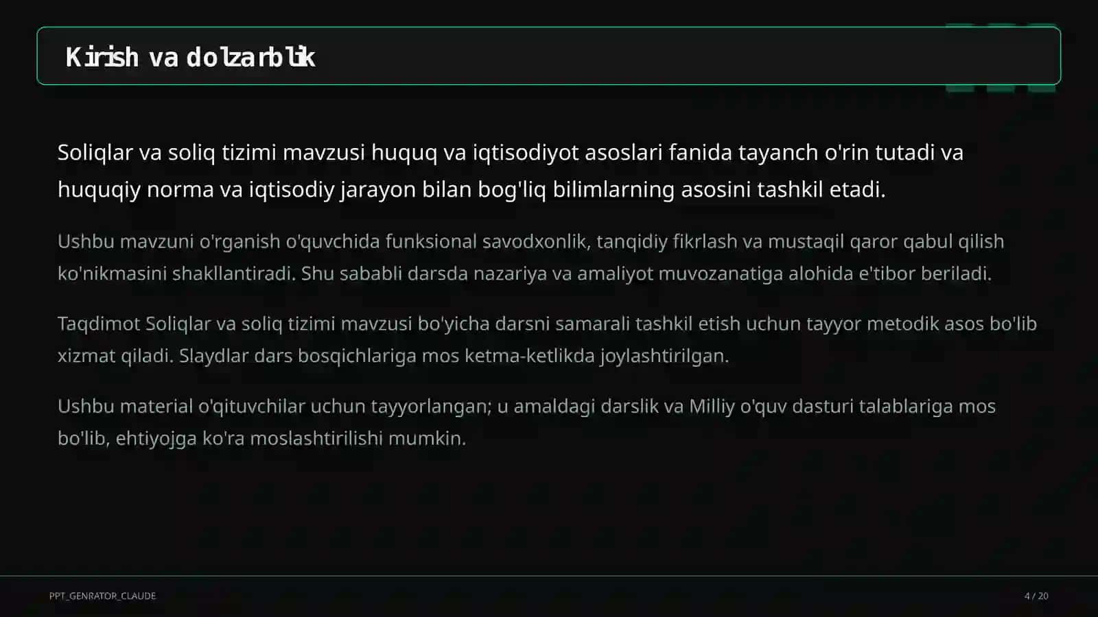 Huquq va iqtisodiyot asoslari (9– 11) — o'qituvchilar uchun 4