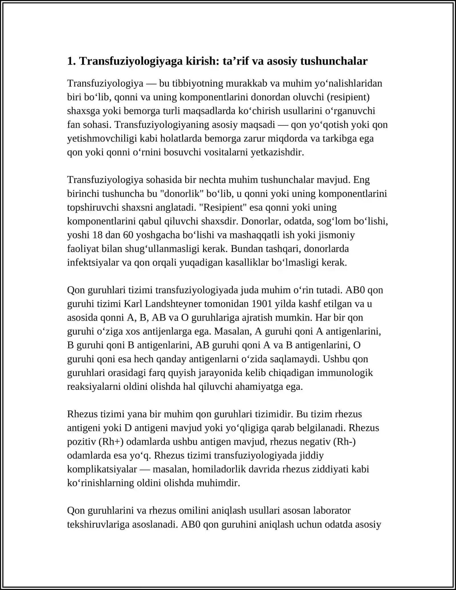 TRANSFUZIOLOGIYAGA KIRISH. DONORLIK ASOSLARI. AB0 QON GURUHI TIZIMI VA RHEZUS TIZIMI. QON GURUHLARINI VA RHEZUS OMILINI ANIQLASH USULLARI 4