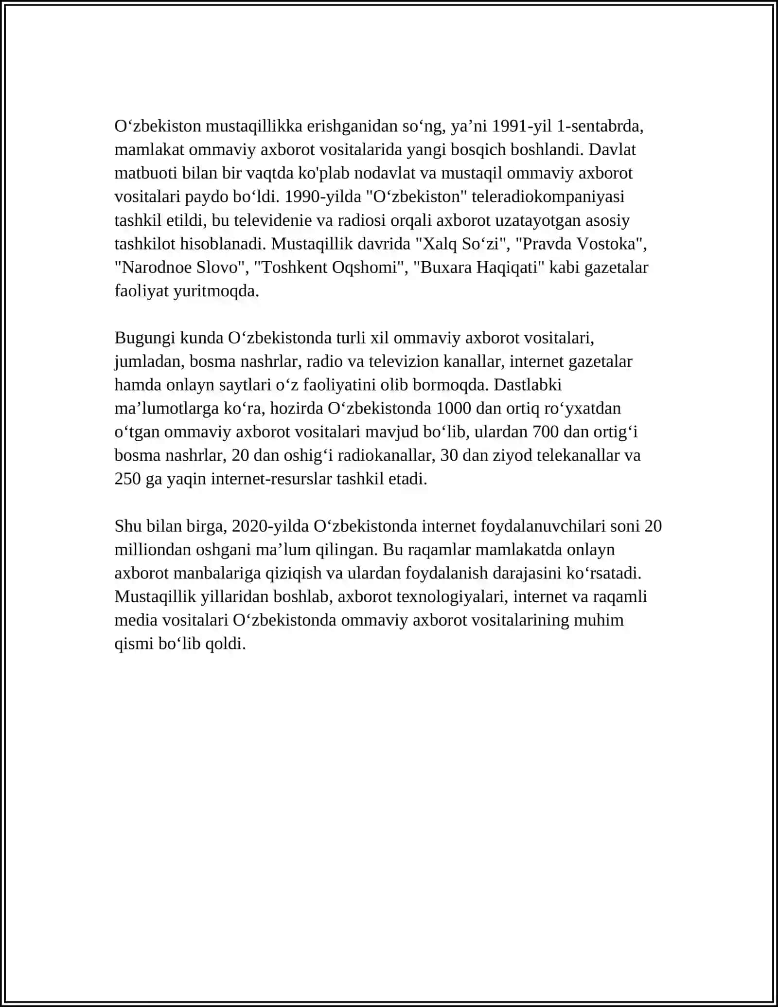 Oʻzbekistonda Ommaviy Axborot Vositalarining Faoliyati 4