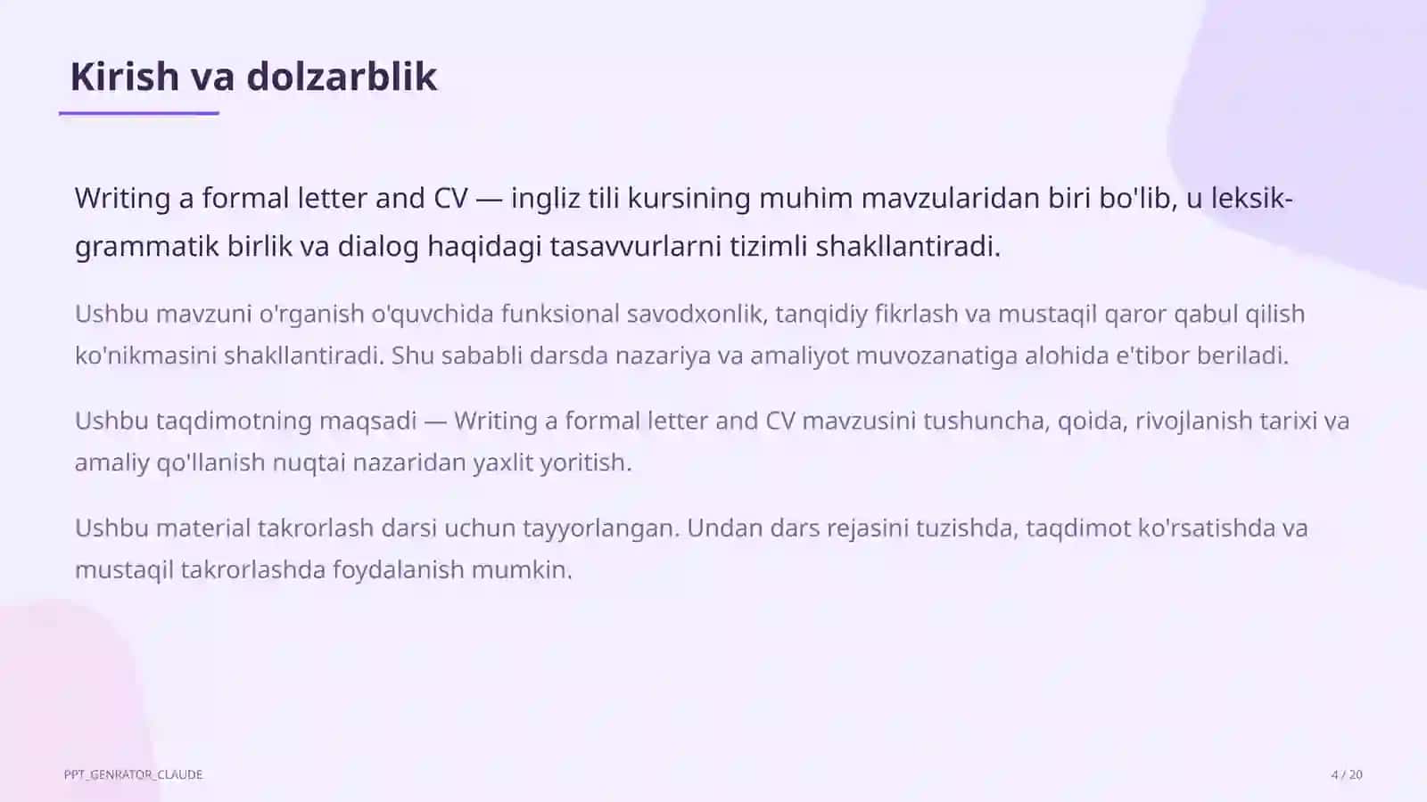 Writing a formal letter and CV (10-sinf) 4